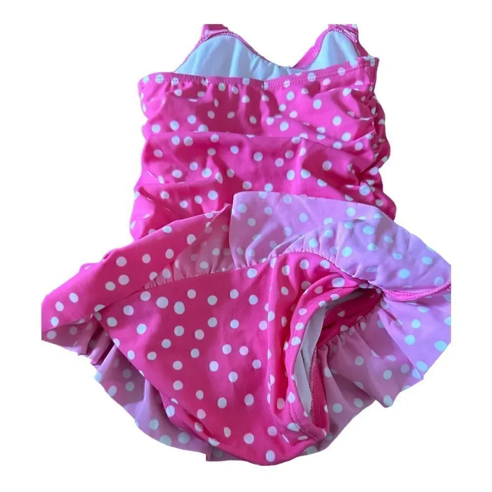 Janie and Jack | Girls Pink Polka Dot Ruffle One Piece Halter Swim Suit |12-18mo
